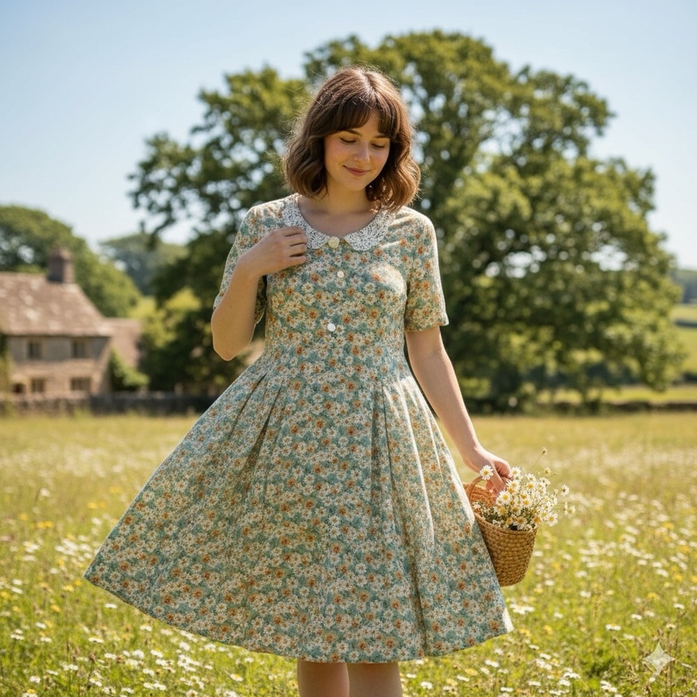 Vintage Sister‎ Sister Floral Dress Size 12 Daisy Print Lace Collar Cottagecore